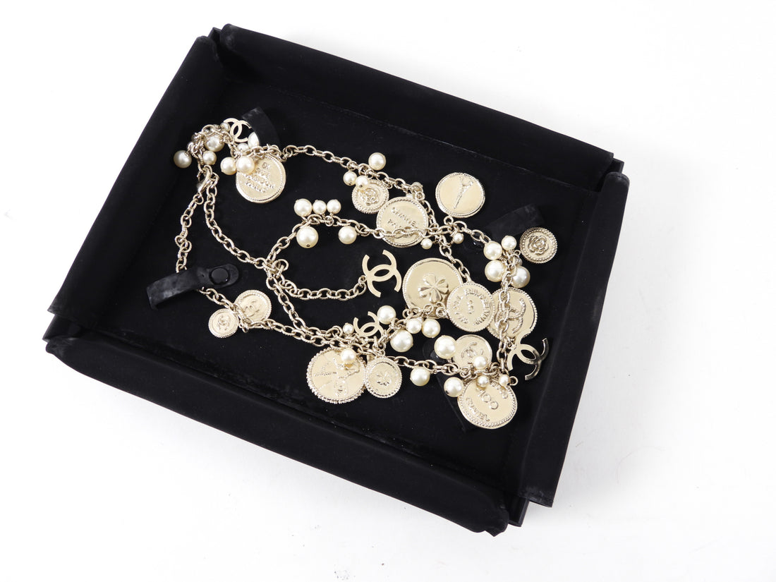 Chanel 14P 100th Anniversary Gold Coin Pearl Long Necklace
