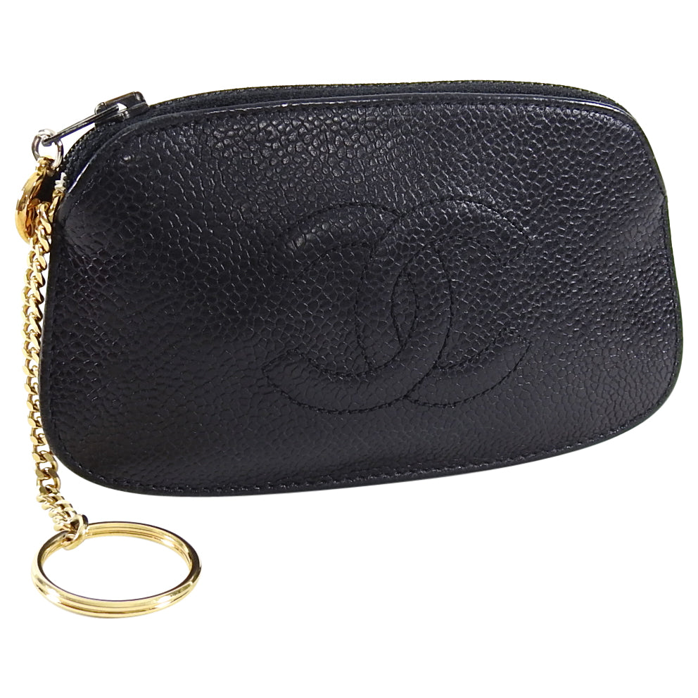 Chanel Vintage 2000 Small Black Caviar CC Logo Key Ring Coin Pouch