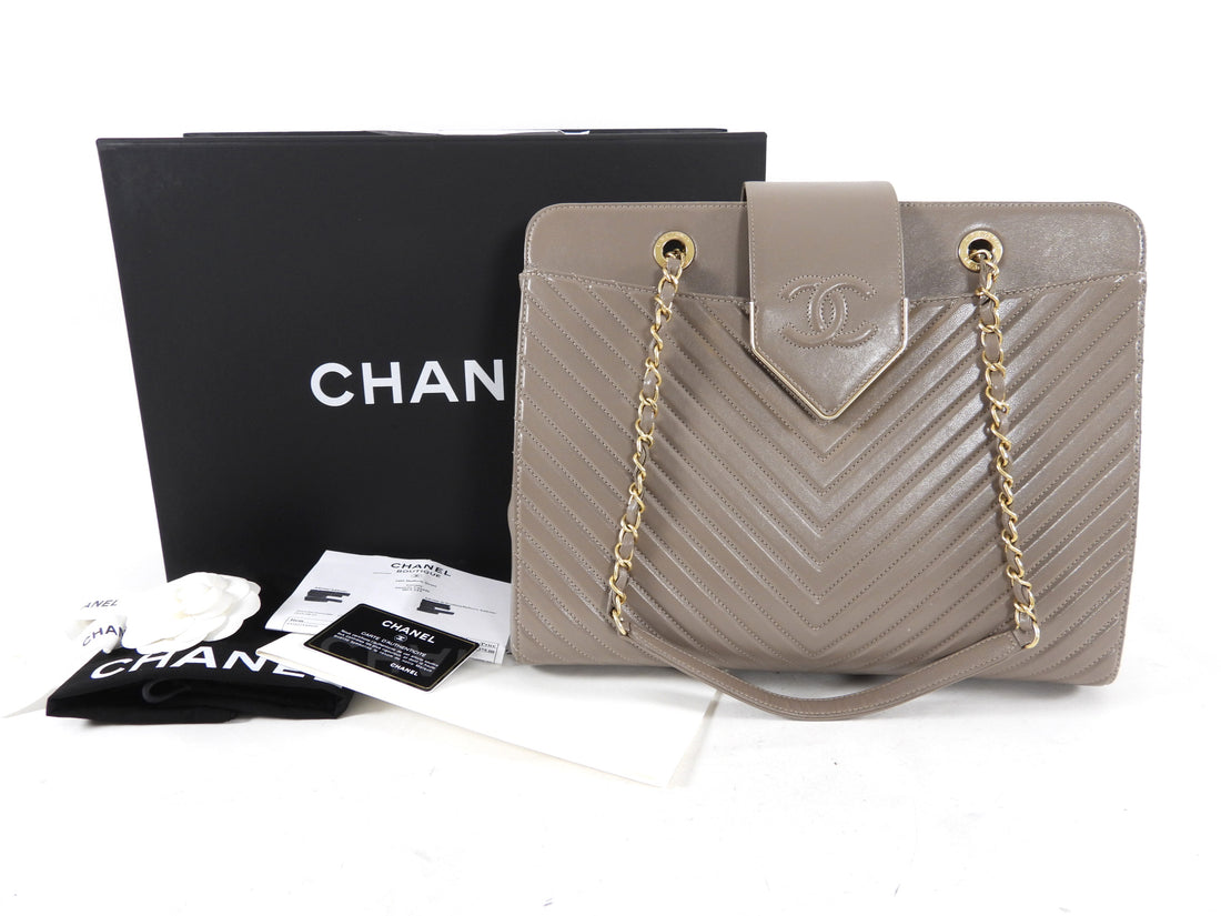 Chanel Collar and Tie Taupe Chevron Leather Tote Bag