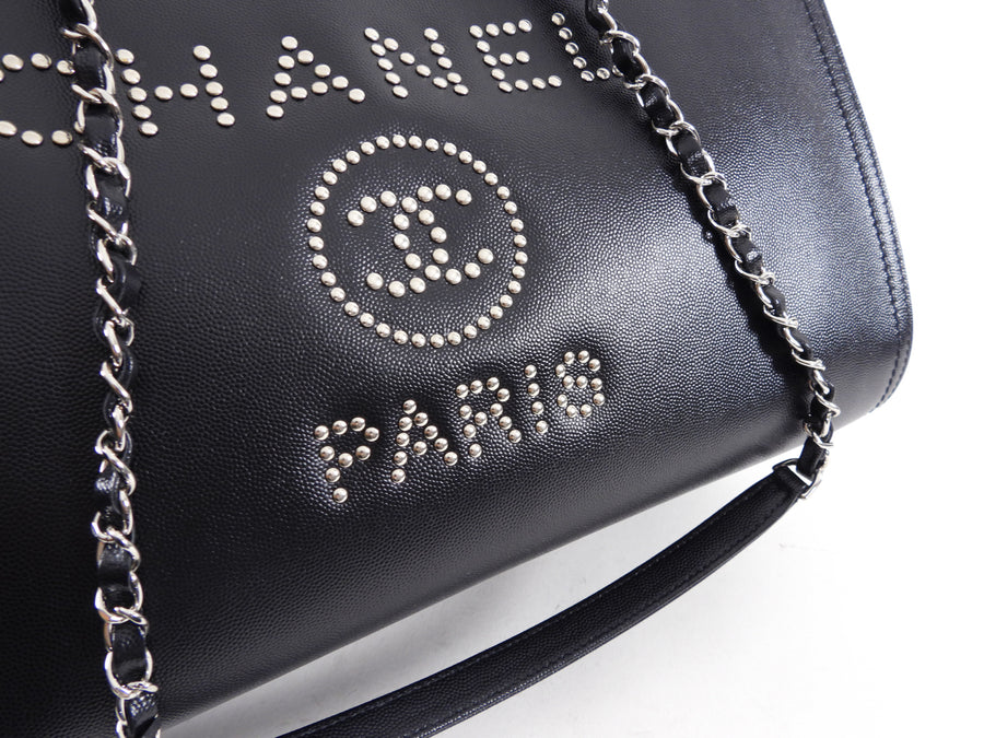 Chanel Black Deauville Caviar Leather Studded Large Tote Bag