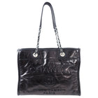 Chanel Deauville Black Leather Logo Tote Bag