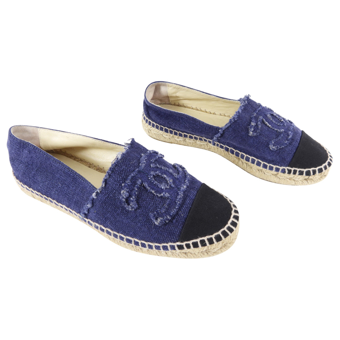 Chanel Blue Tweed and Silver CC Cap Toe Espadrilles Flats Size 37 Chanel