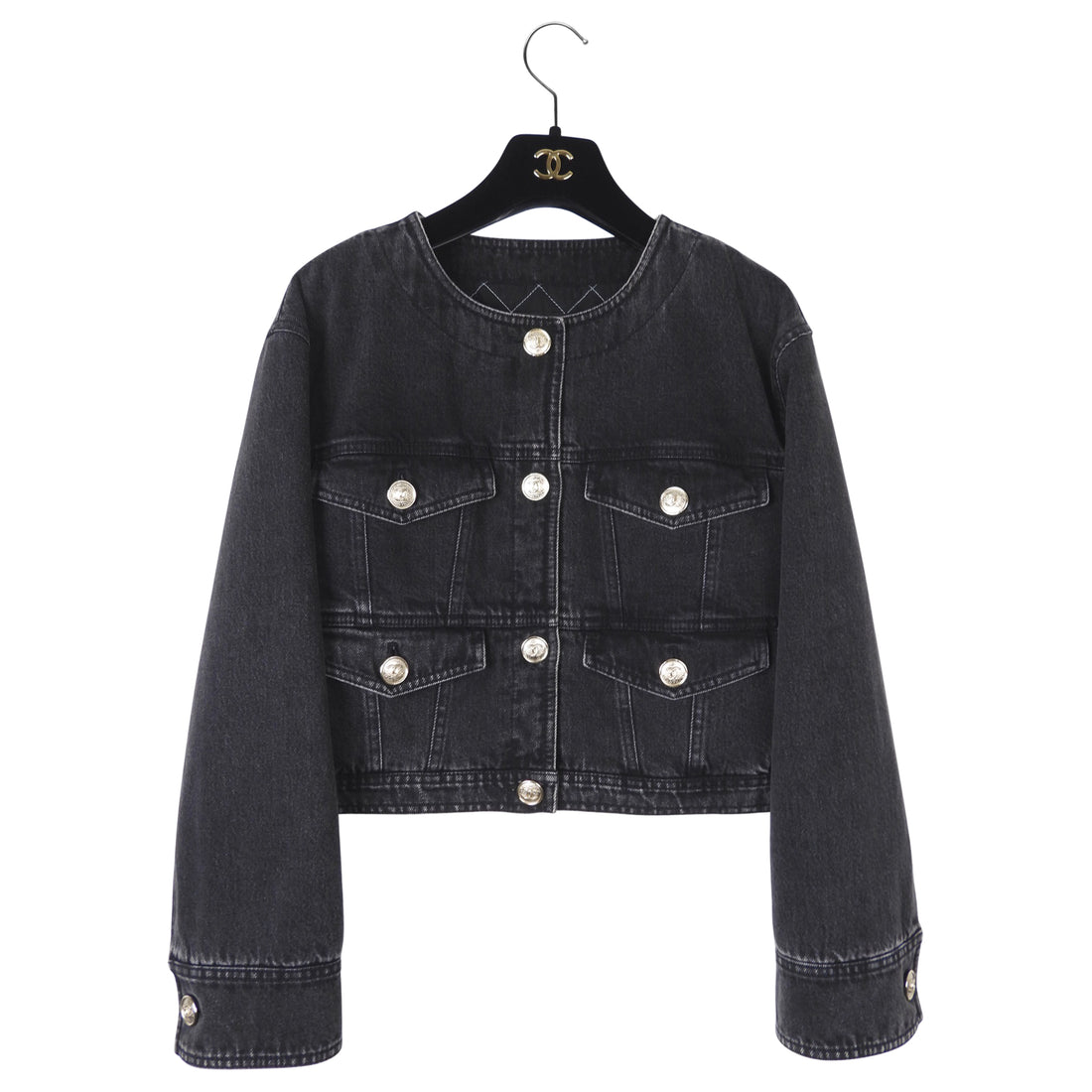 Chanel 20B Black Cropped Denim Jacket with Gold Chanel CC Logo Buttons- 36