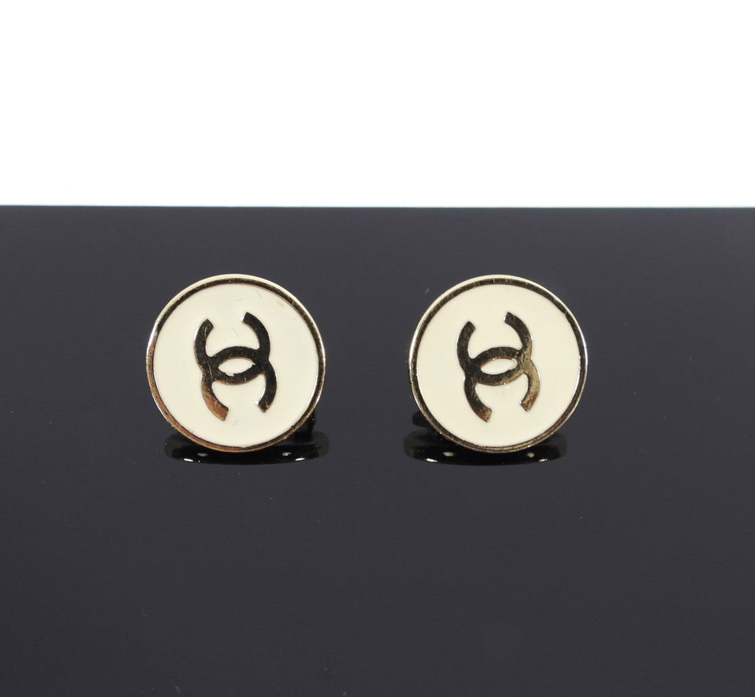 Chanel 04V Cream Enamel and Goldtone CC Button Clip Earrings