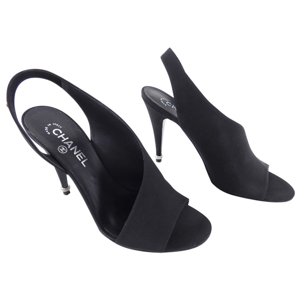 Chanel Black Fabric Slingback Pumps with Crystal CC and Heels - 41 / 40 /  9.5