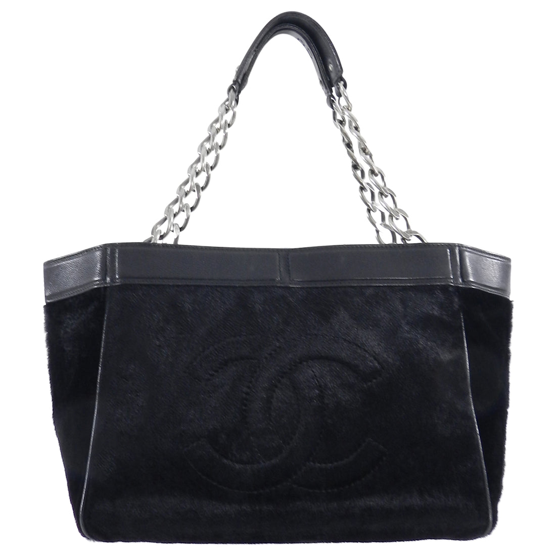 Chanel Black Faux Fur Velvet CC Logo Chain Tote Bag