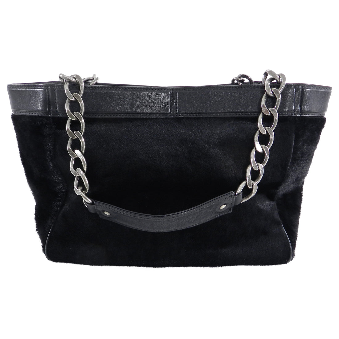 Chanel Black Faux Fur Velvet CC Logo Chain Tote Bag