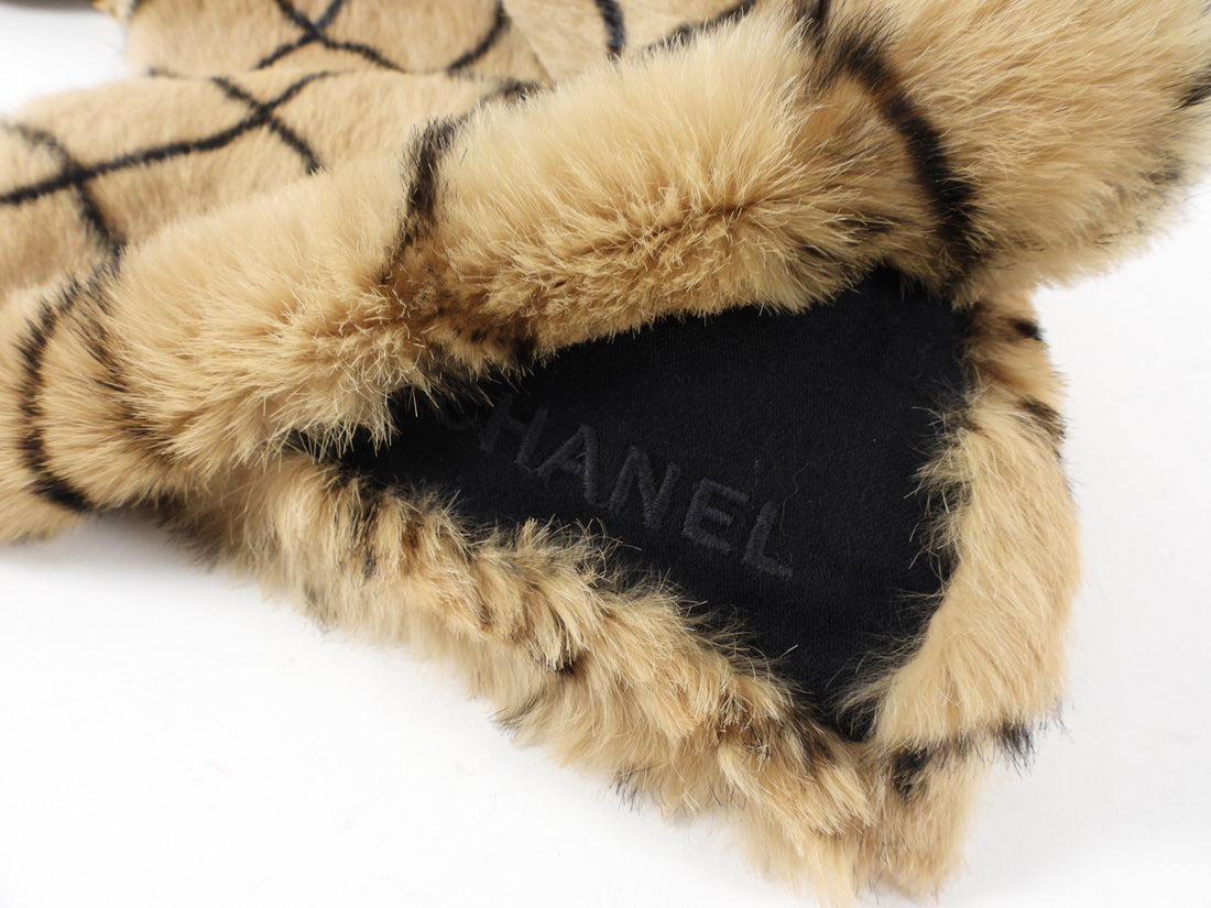 Chanel Tan and Black Grid Orylaj Rabbit Fur Scarf