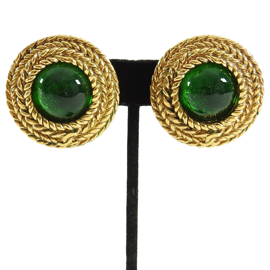 Chanel Vintage Quilted Green Gripoix Clip On Earrings