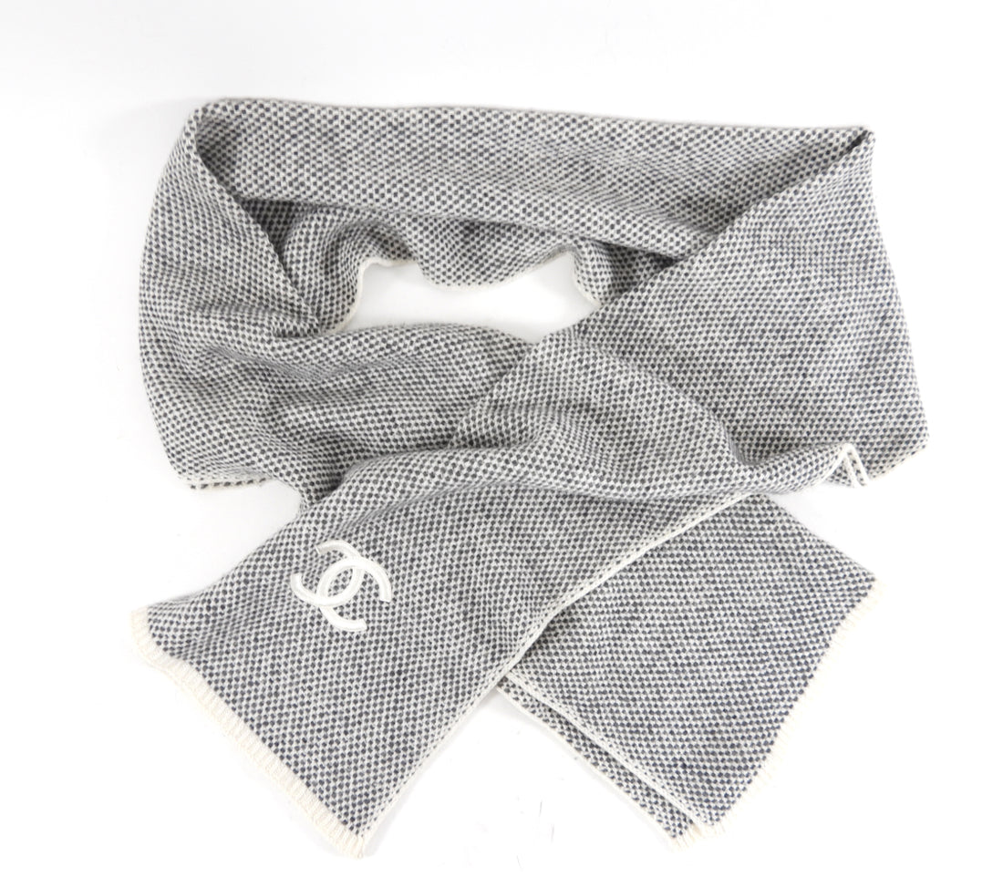 Chanel Ivory and Grey Cashmere Long CC Scarf Stole