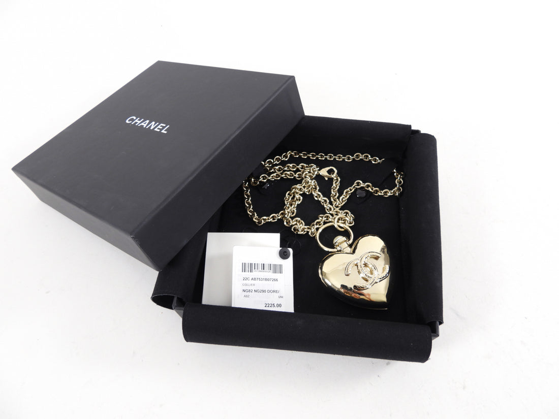 Chanel 22C Goldtone Pearl Puff Heart Locket Necklace