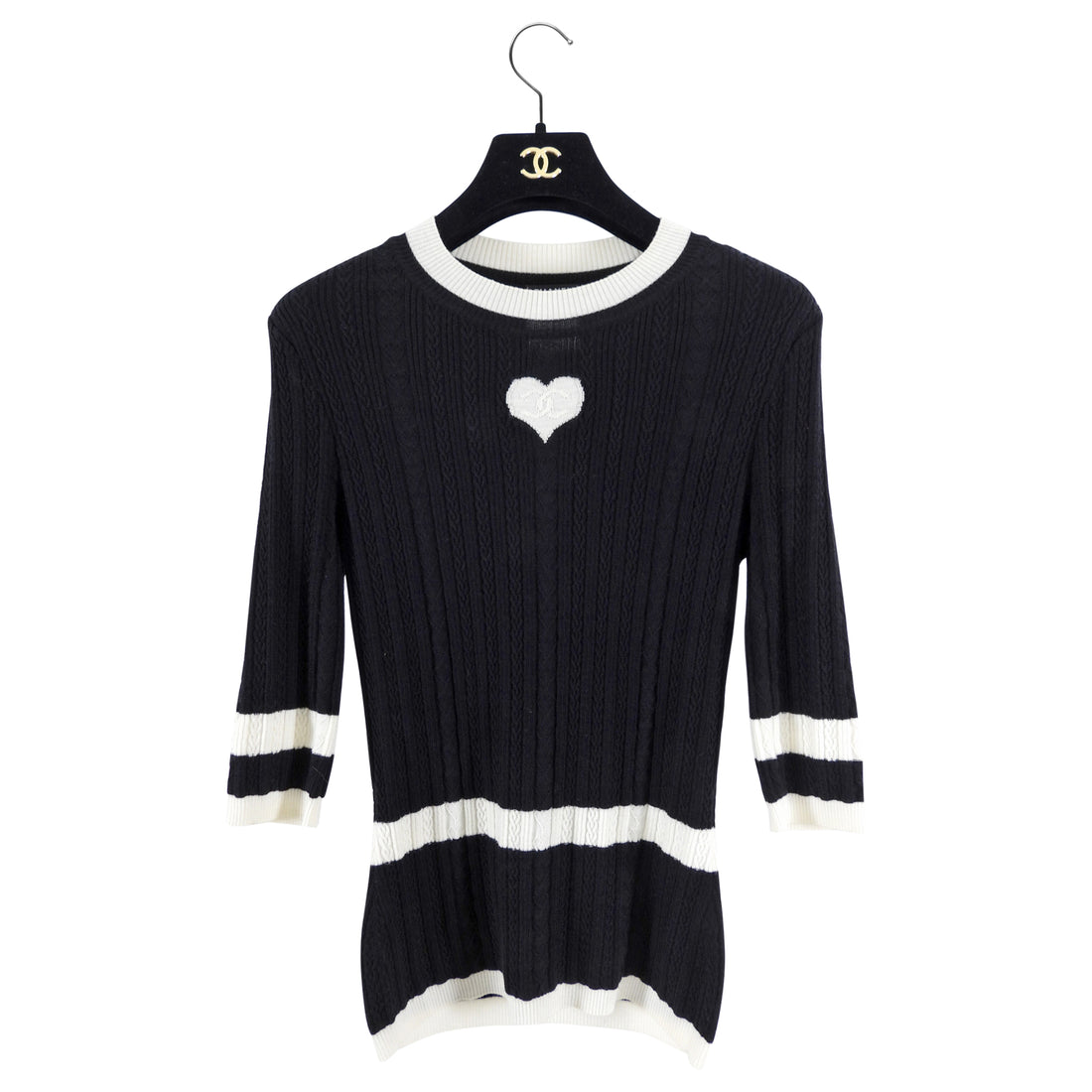 Chanel Black and White Wool Knit Heart Sweater - FR40 / M