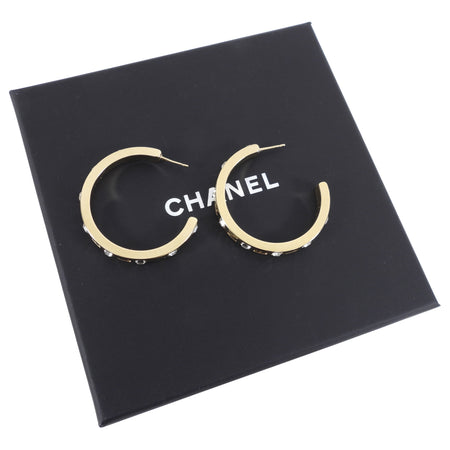 Chanel 21P Light Gold and Crystal Logo Hoop Earrings