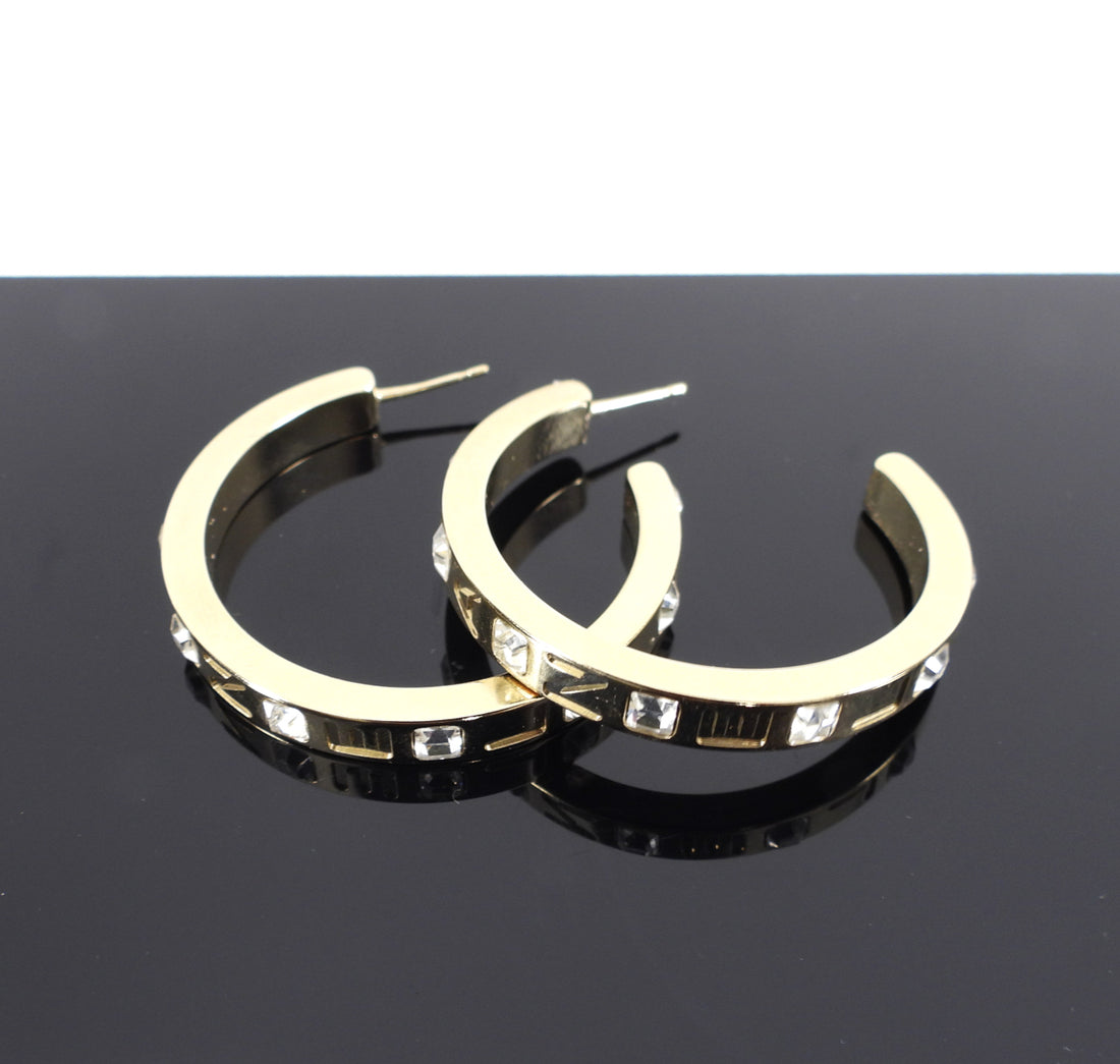 Chanel 21P Light Gold and Crystal Logo Hoop Earrings