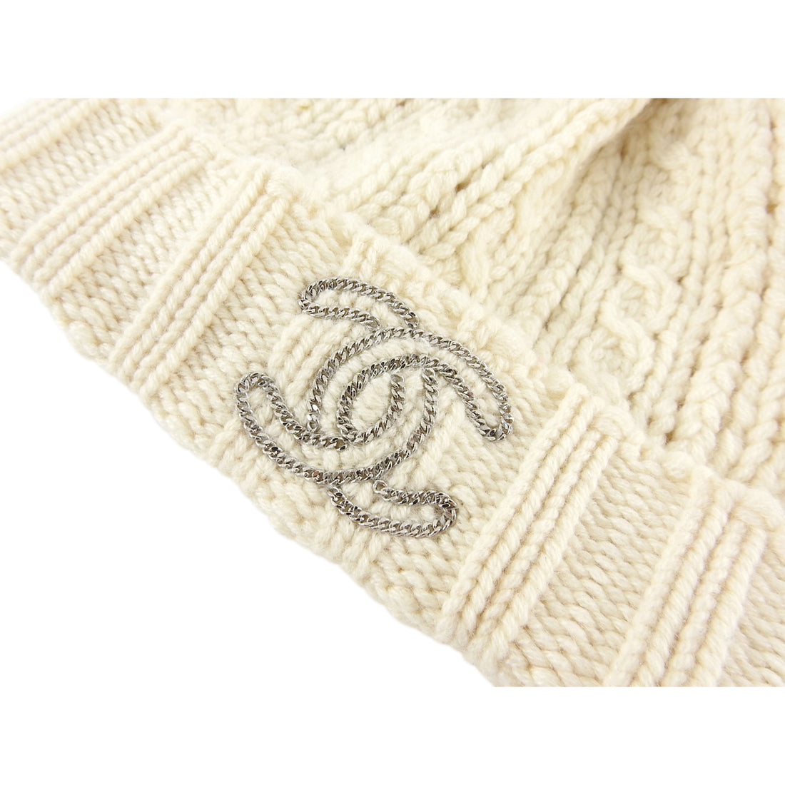 CHANEL Cashmere Wool Silk Logo Beanie Hat Beige White 907506