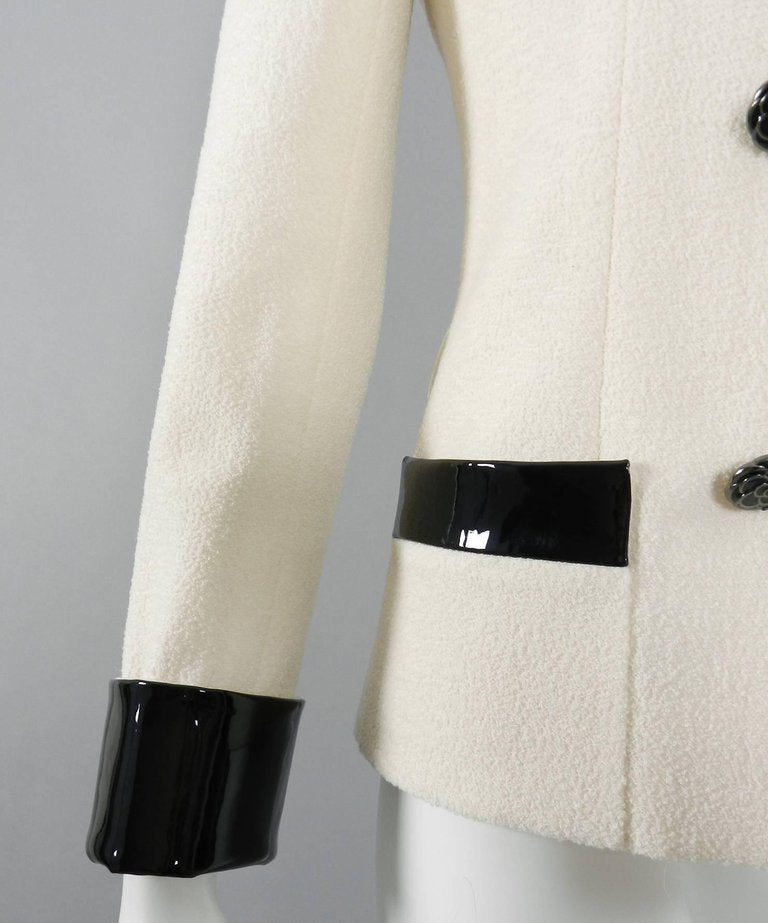Chanel 15A Ivory Wool Runway Jacket with Patent Leather Trim