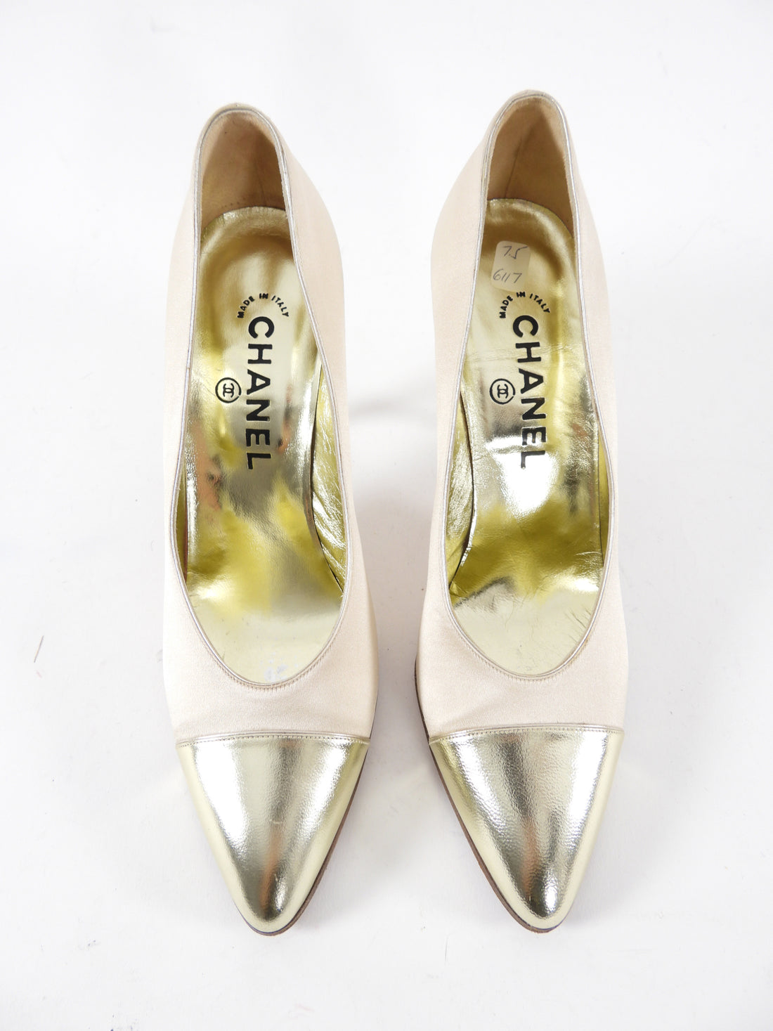Chanel 1980's Satin and Gold Leather Classic Pumps - 7.5