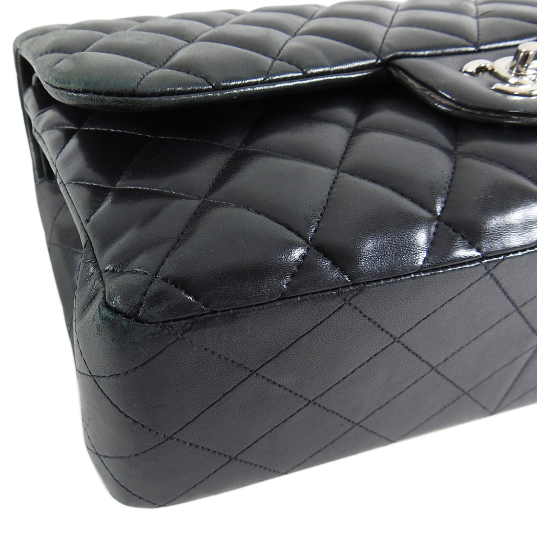 Chanel Lambskin Black Classic Jumbo Double Flap Silver Bag