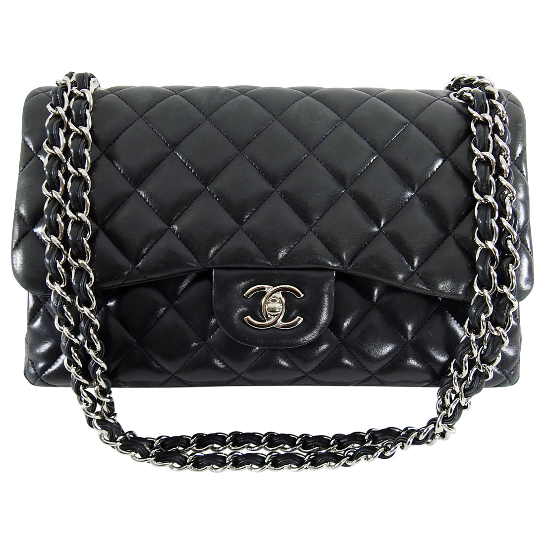 Chanel Lambskin Black Classic Jumbo Double Flap Silver Bag – I
