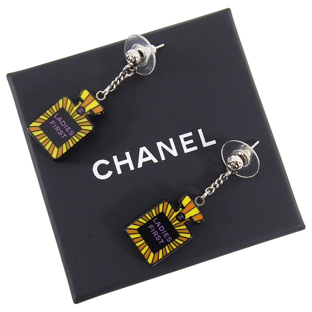 Chanel No5 Perfume Bottle CC Logo Earrings Light Gold Tone
