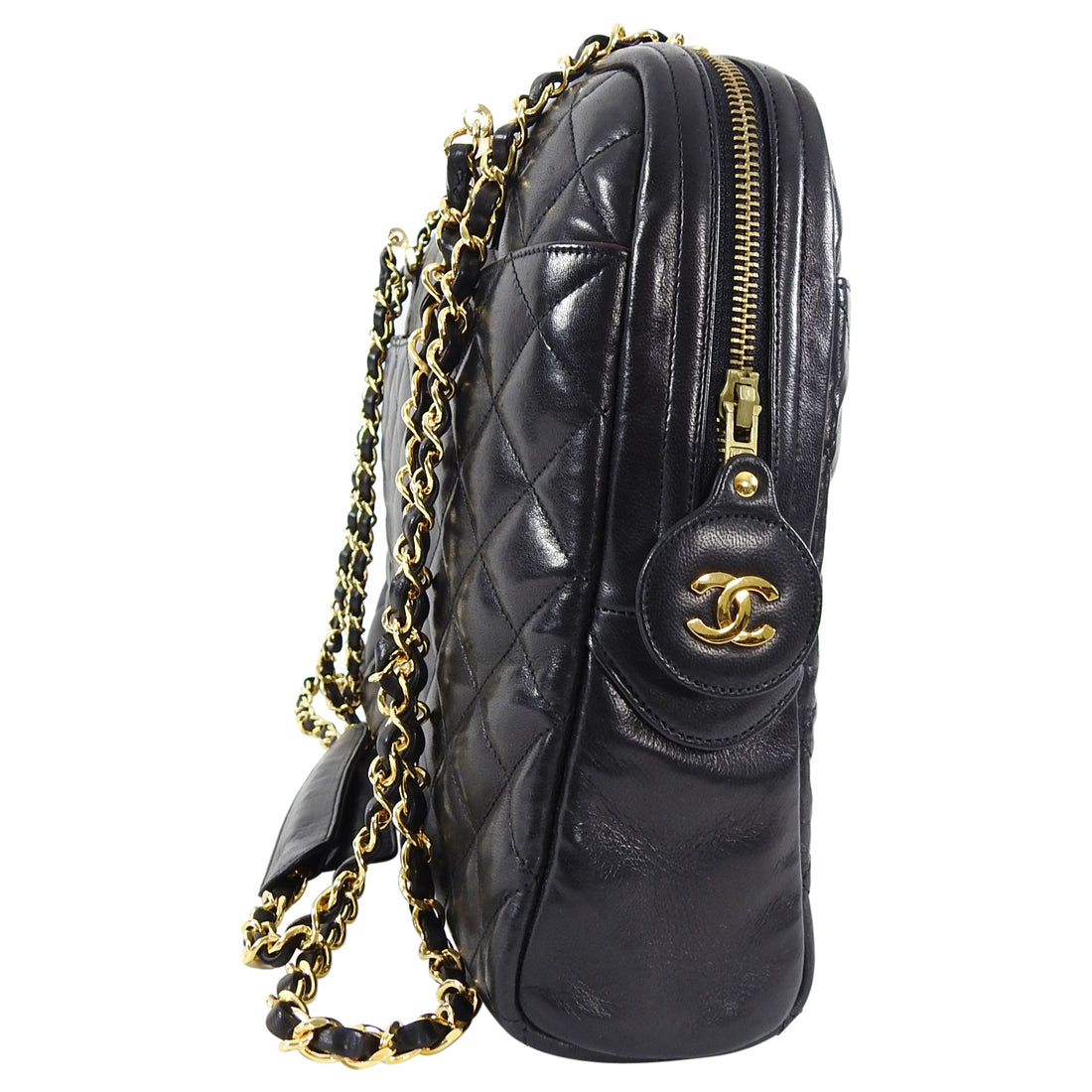Chanel Vintage 1989 Large Lambskin Leather Quilt Chain Strap Shoulder Bag