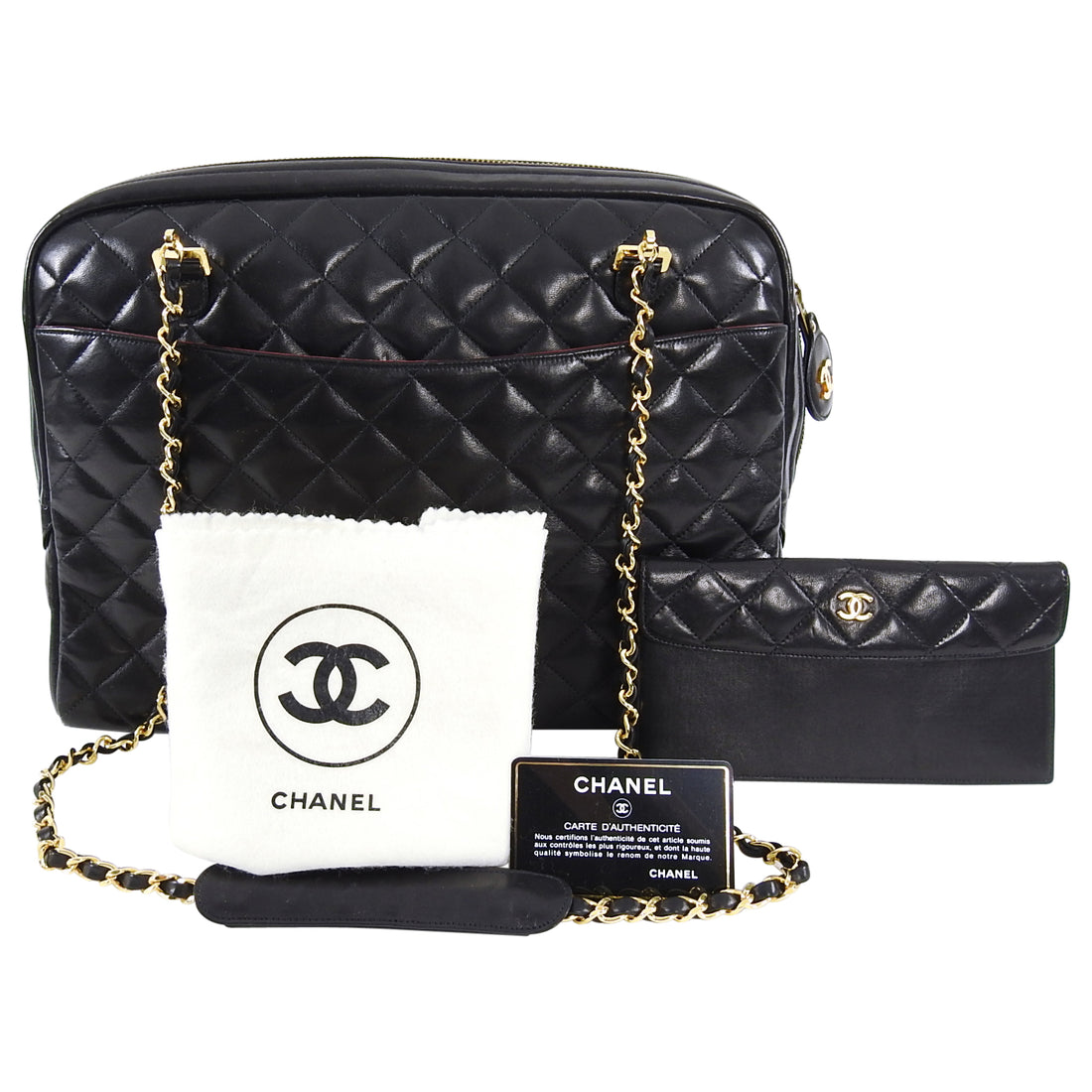 Chanel Vintage 1989 Large Lambskin Leather Quilt Chain Strap Shoulder Bag