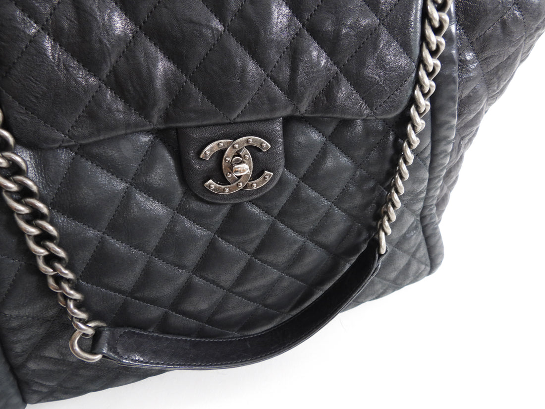 Chanel Black Aged Leather Quilted Large Shopping Chain Bag