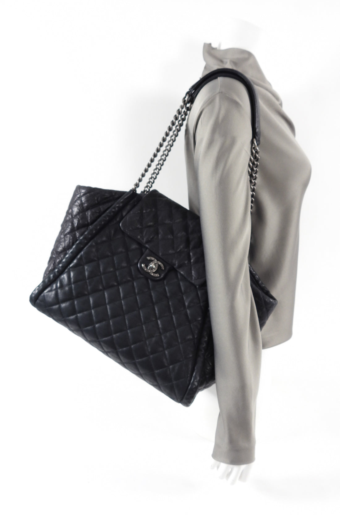 Chanel Black Aged Leather Quilted Large Shopping Chain Bag – I