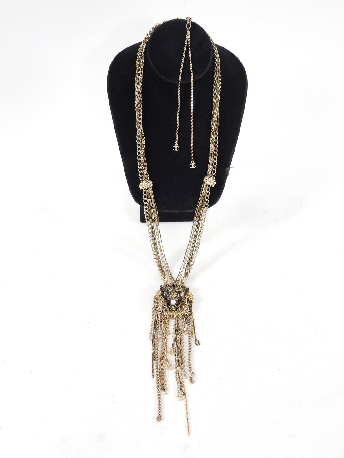 Chanel 11P Goldtone Lion Head Multi Chain Statement Necklace