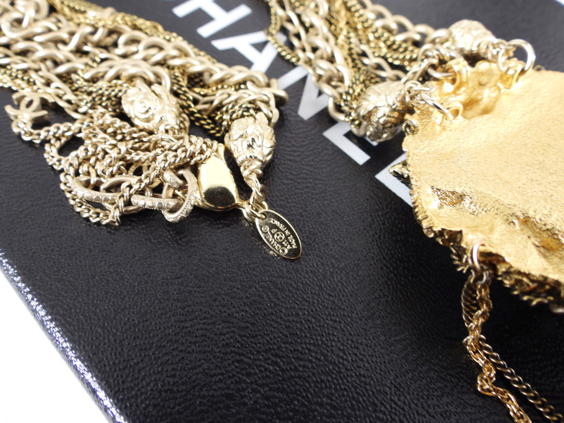 Chanel 11P Goldtone Lion Head Multi Chain Statement Necklace