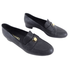 Chanel Black Loafers with Gold CC Button Detail - 39 / USA 8.5