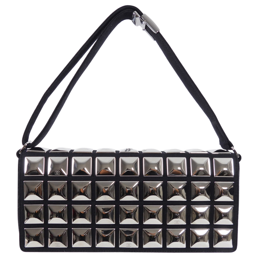 Chanel Choco Bar Silver Metal Stud and Black Wool Shoulder Bag