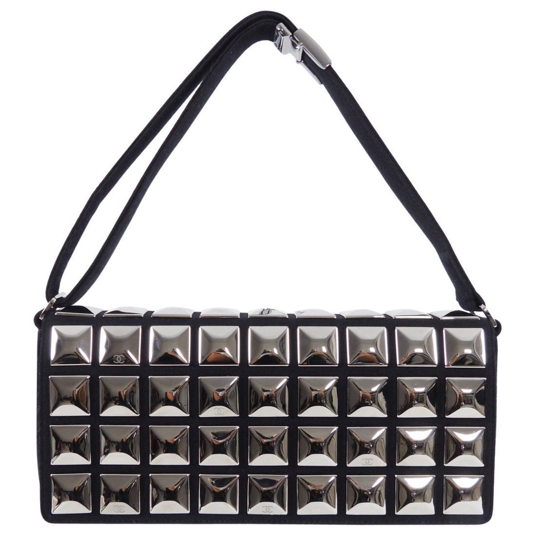 Chanel Choco Bar Silver Metal Stud and Black Wool Shoulder BagChanel Choco Bar Silver Metal Stud and Black Wool Shoulder BagChanel Choco Bar Silver Metal Stud and Black Wool Shoulder Bag
