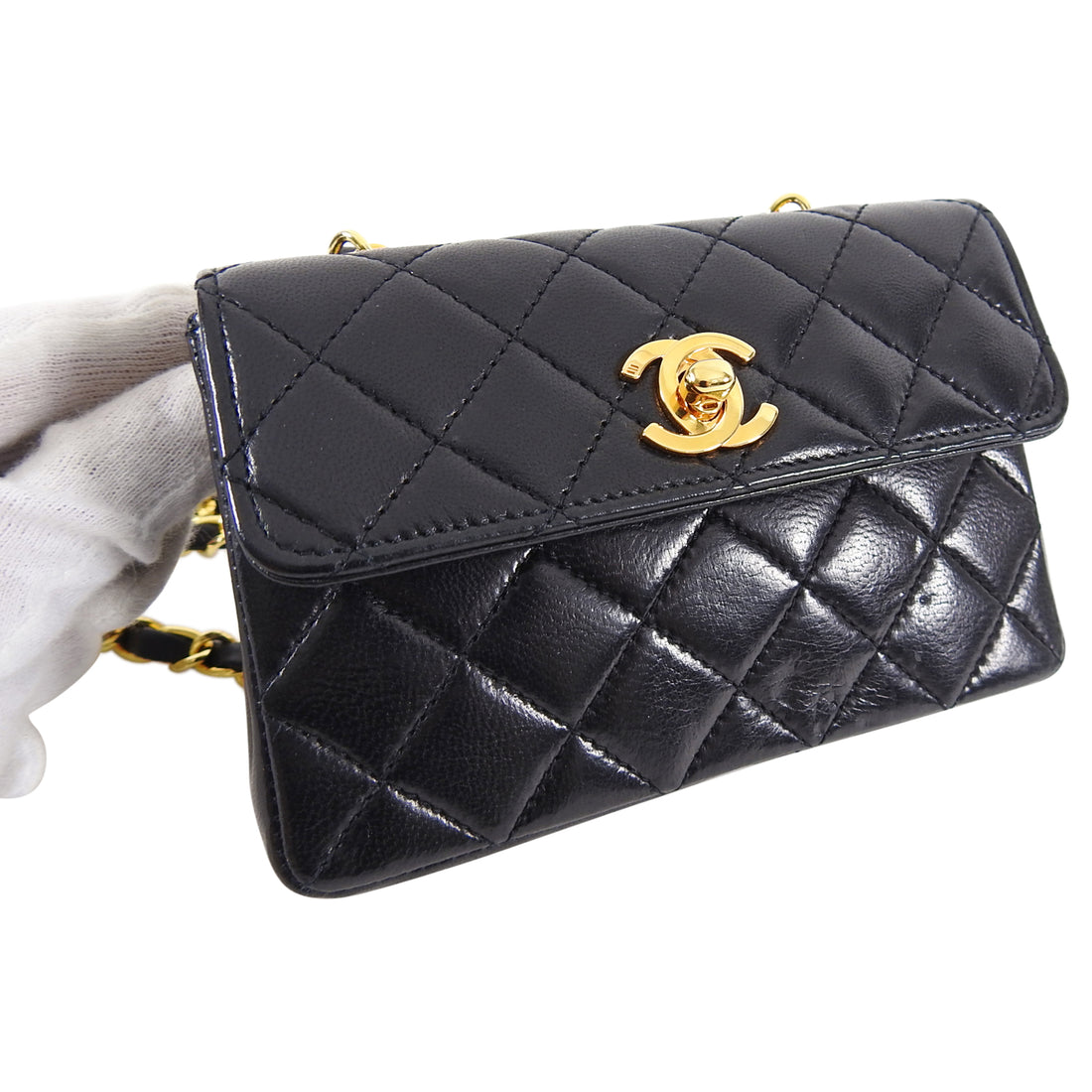 Chanel Vintage Black Quilted Lambskin Micro Half Flap Bag Gold