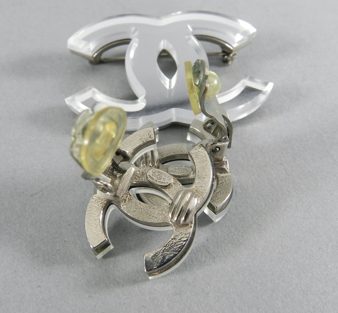 Chanel 03a Glass Mirror CC logo Brooch and Clip Earrings Set