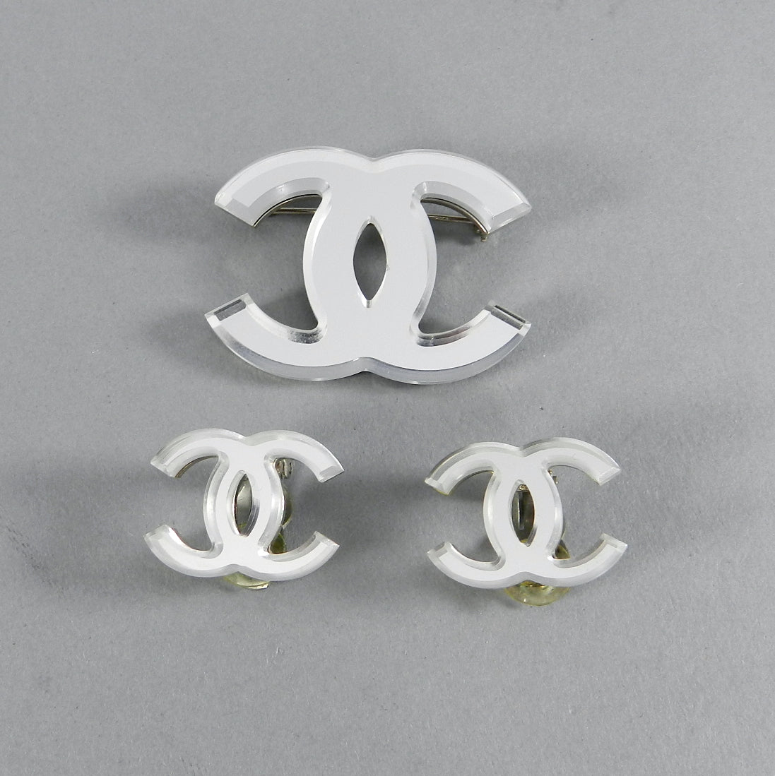 Chanel 03a Glass Mirror CC logo Brooch and Clip Earrings Set