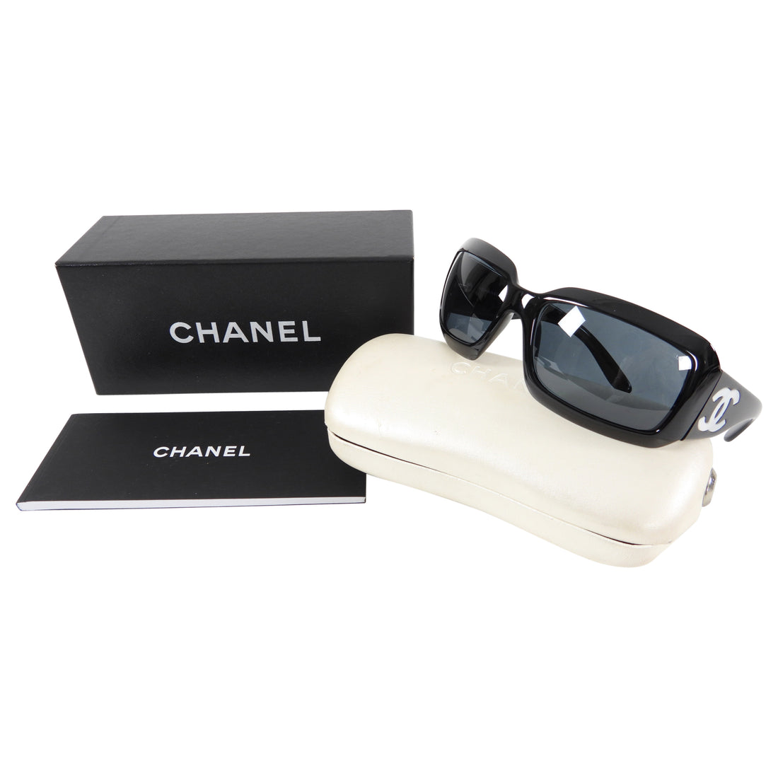 Chanel Black Vintage Mother of Pearl Logo Rectangular Sunglasses