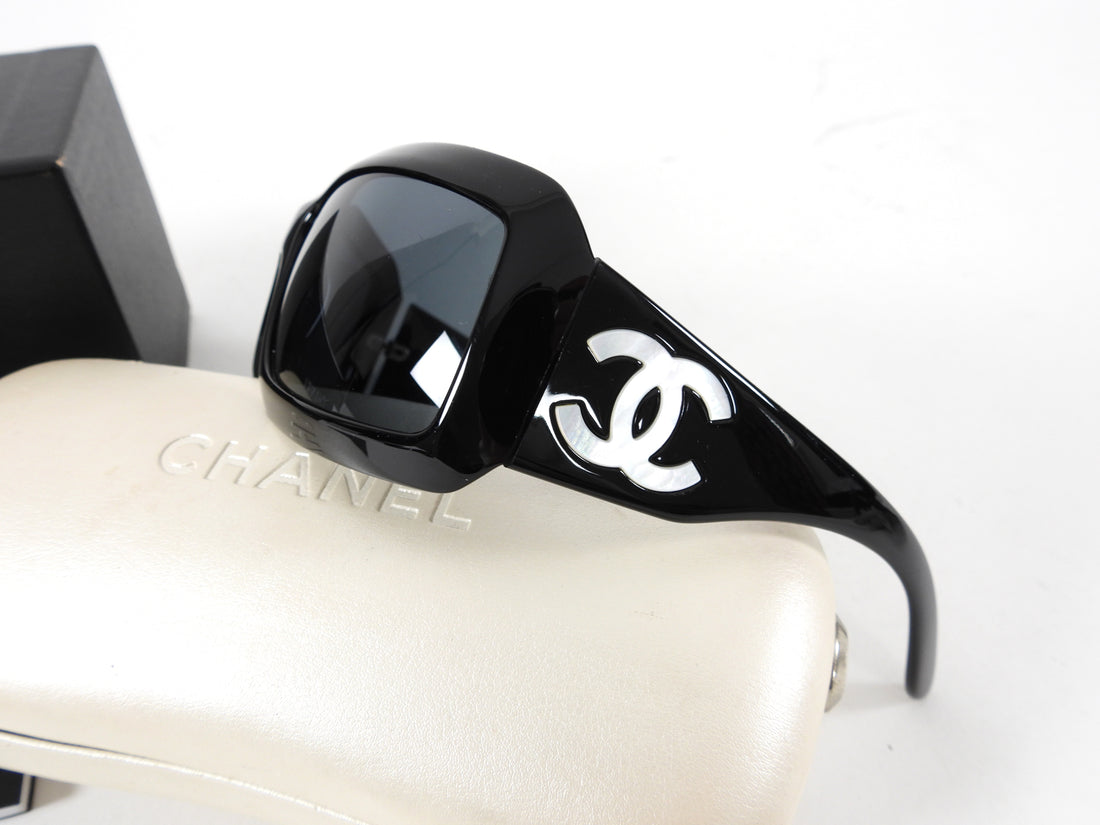 Chanel Black Vintage Mother of Pearl Logo Rectangular Sunglasses