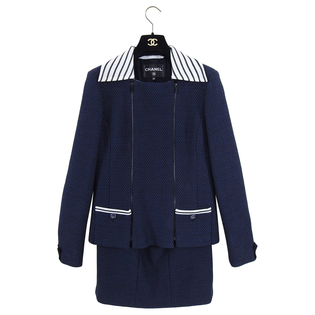 Chanel 02A Leather Trim Tweed Jacket/Skirt Suit Set - Navy Multi