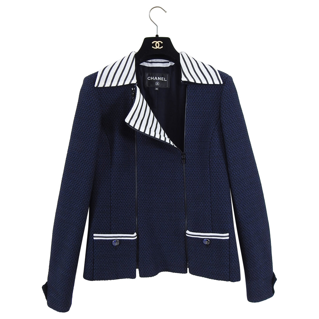 Chanel Spring 2017 Navy Tweed Skirt Suit with Stripe Knit Trim - FR38 – I  MISS YOU VINTAGE