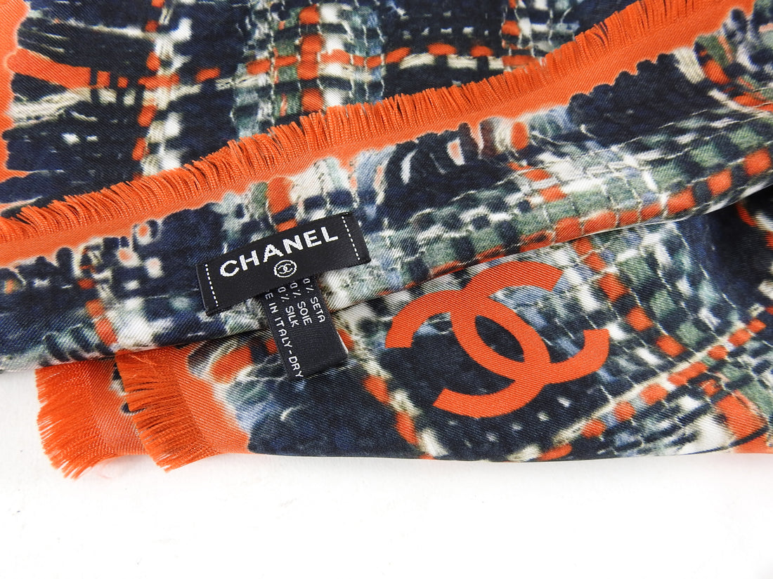 Chanel Orange Tweed Print Large 140cm Silk Shawl Wrap