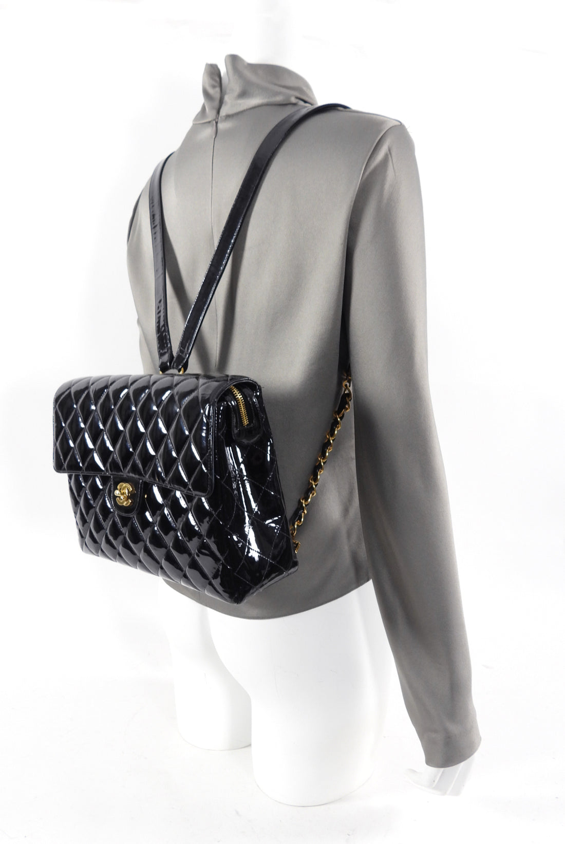 Chanel Vintage 1996 Black Patent Jumbo Classic Flap Backpack