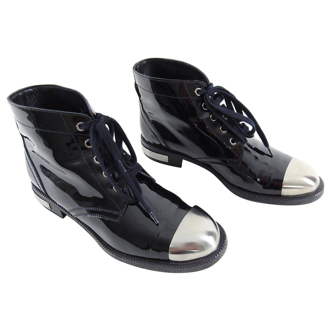 Chanel Black Patent Metal Cap Toe CC Logo Ankle Boots - 41