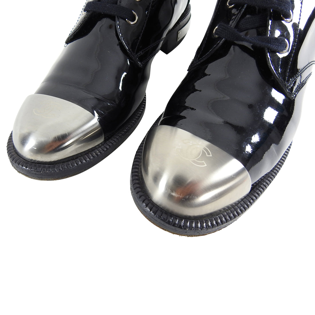 Chanel Black Patent Metal Cap Toe CC Logo Ankle Boots - 41