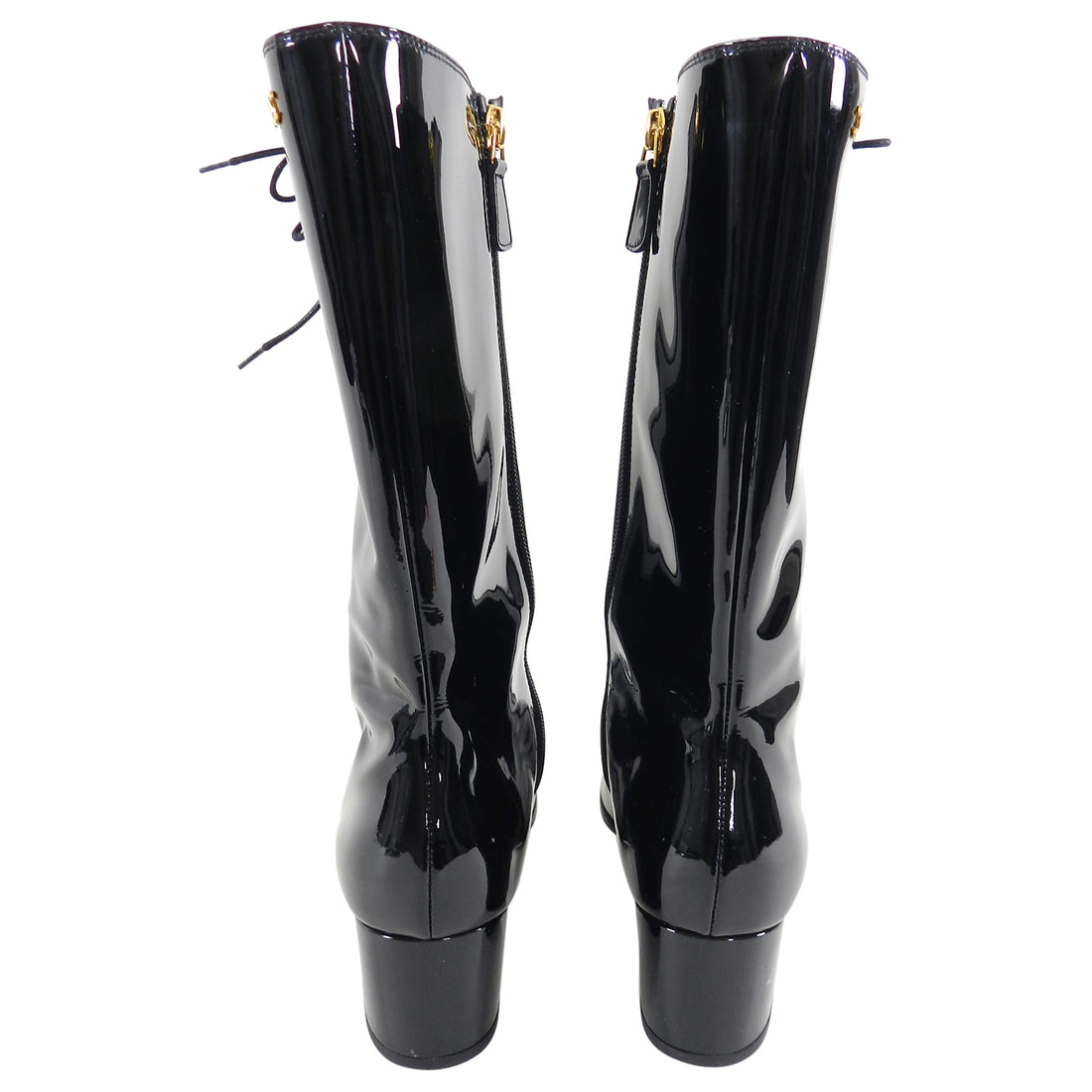 Chanel Pre-Fall 2015 Salzburg Black Patent Lace Up Midi Boots - 41