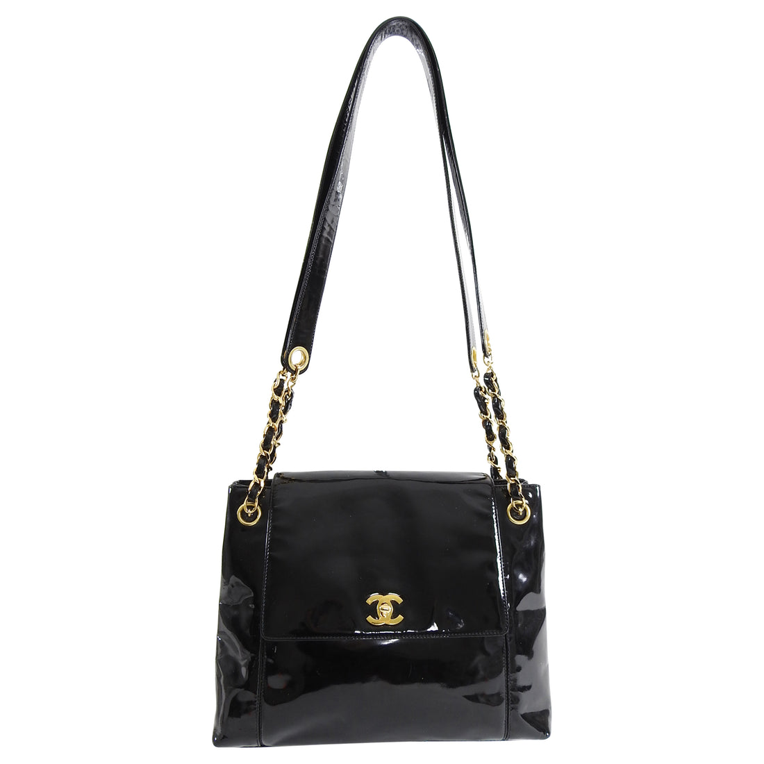 Chanel Vintage 1996  Black Patent Leather CC Turn Clasp Shoulder Bag