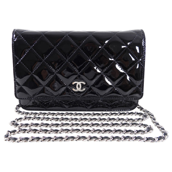 Chanel Vintage Black Patent Leather Timeless Wallet on Chain WOC Flap –  Bagriculture