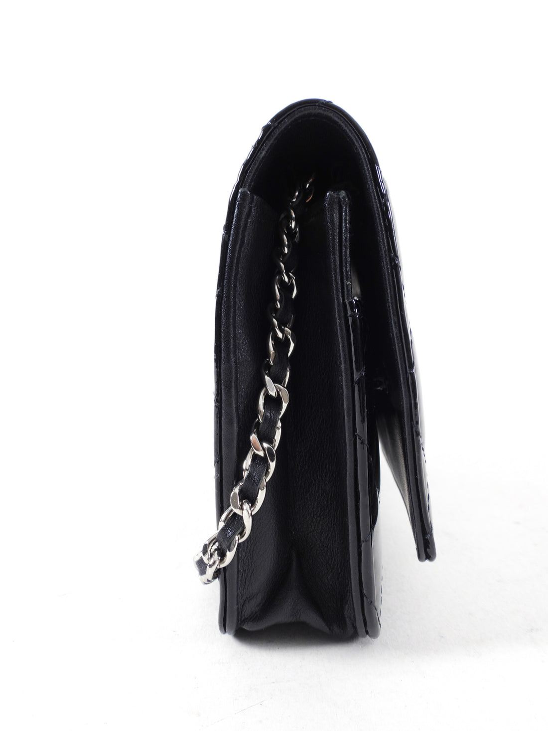 Chanel Black Patent Leather Classic Quilted Wallet on Chain WOC