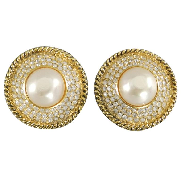 Vintage Chanel Diamante Clip Back Earrings Pearls Costume Gold Nice Big!  1980's - Ellis Antiques