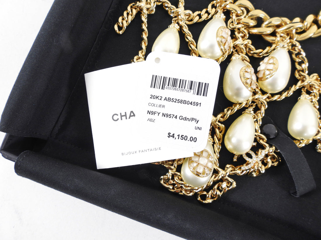 Chanel 20K Gold Chain and Teardrop Pearl Gripoix Bib Necklace